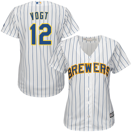 Brewers #12 Stephen Vogt White Strip Home Women's Stitched MLB Jersey - Click Image to Close